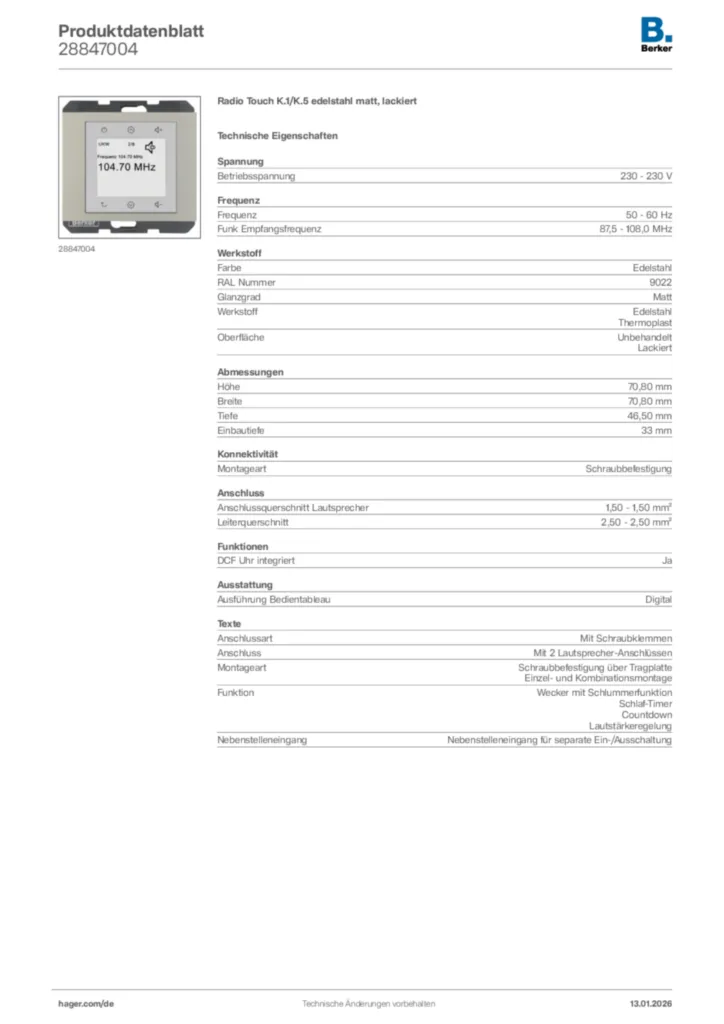 Bild Berker Produktdatenblatt 28847004 | Hager Deutschland