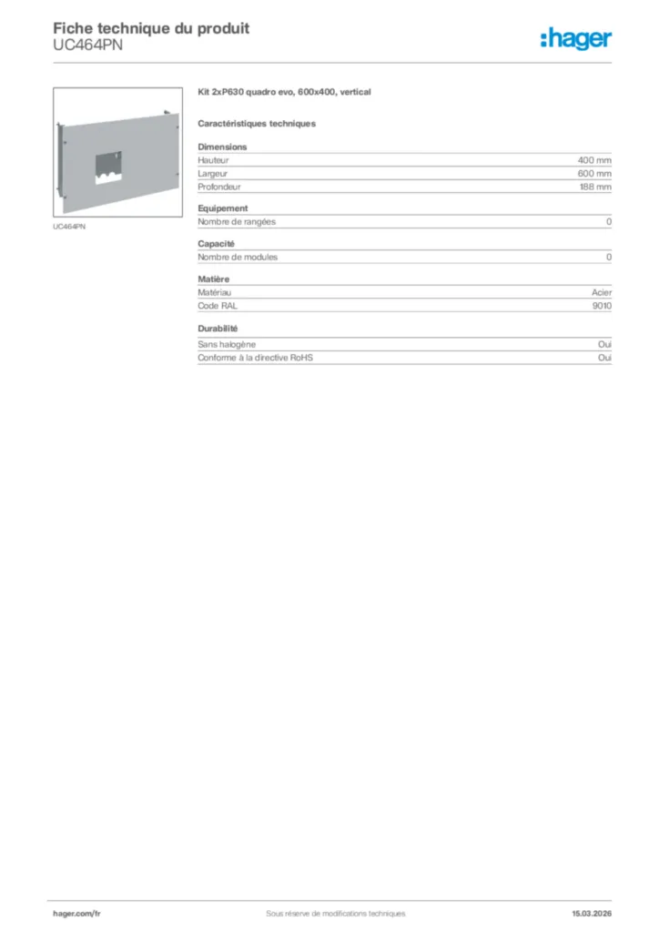 Image Hager Fiche technique du produit UC464PN | Hager France
