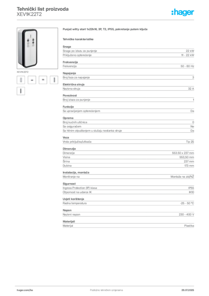 Slika Hager Product data sheet XEV1K22T2  | Hager