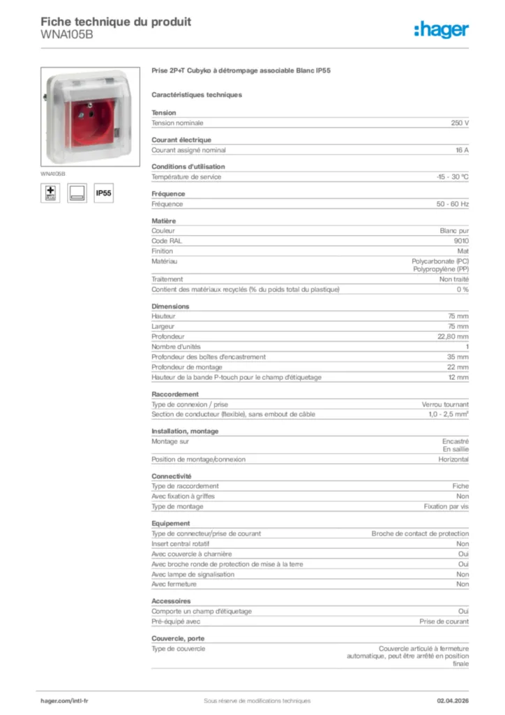 Image Hager Fiche technique du produit WNA105B | Hager Afrique