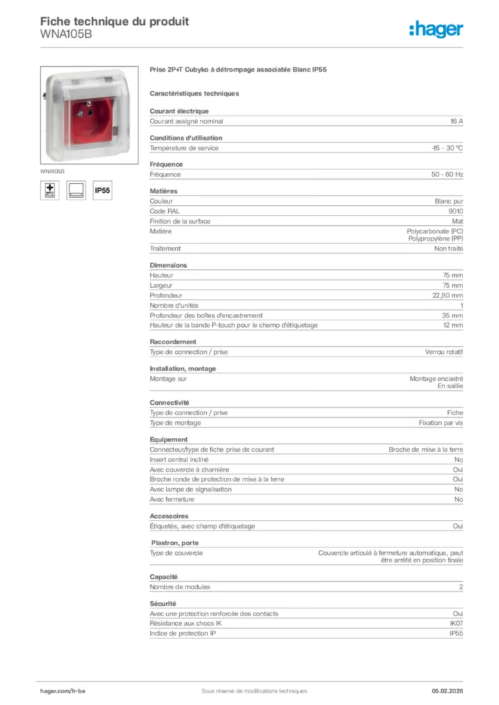 Image Hager Fiche technique du produit WNA105B | Hager Belgique