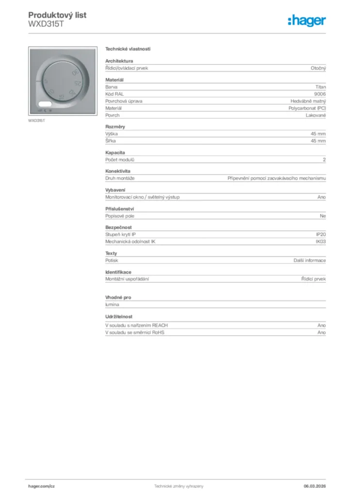 Obrázek Hager Product data sheet WXD315T | Hager