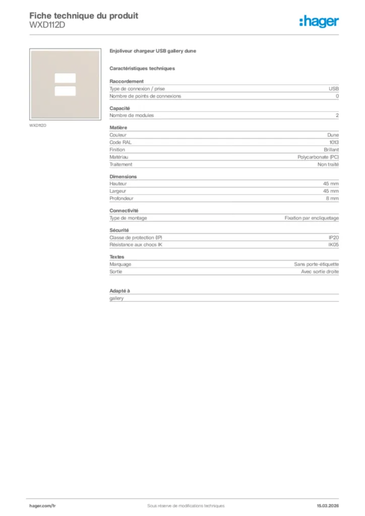 Image Hager Fiche technique du produit WXD112D | Hager France