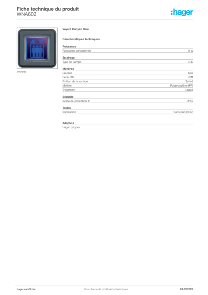 Image Hager Fiche technique du produit WNA602 | Hager Belgique