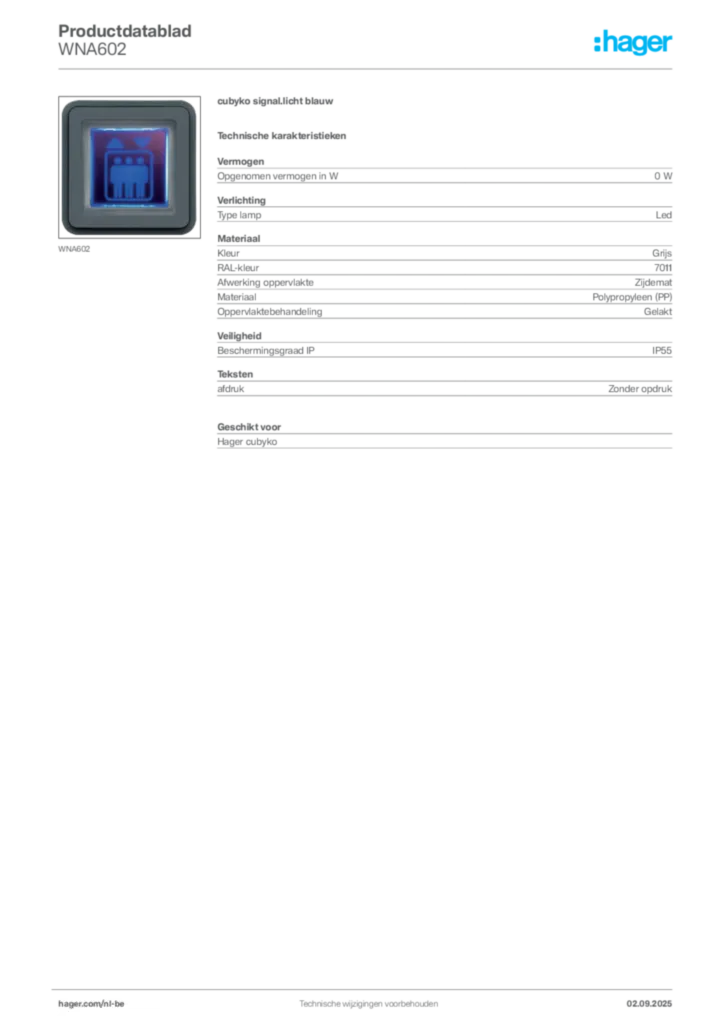 Afbeelding Hager Productdatablad WNA602 | Hager Belgium