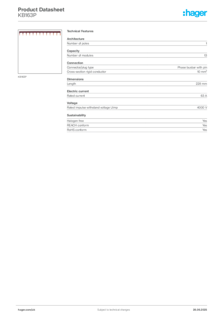 Image Hager Product data sheet KB163P  | Hager