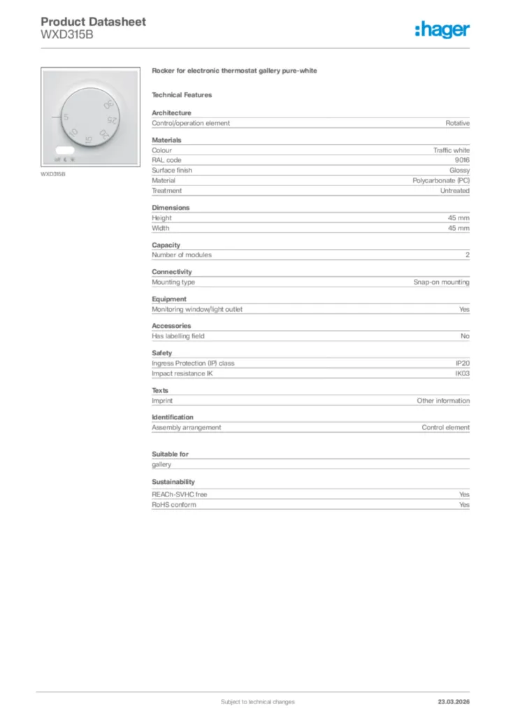 Image Hager Product data sheet WXD315B  | Hager Africa