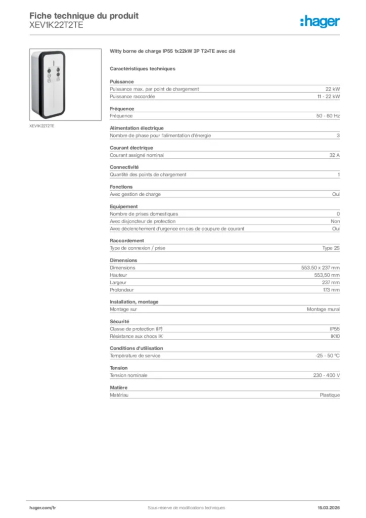 Image Hager Fiche technique du produit XEV1K22T2TE | Hager France