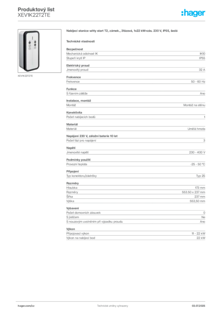 Obrázek Hager Produktový list XEV1K22T2TE | Hager