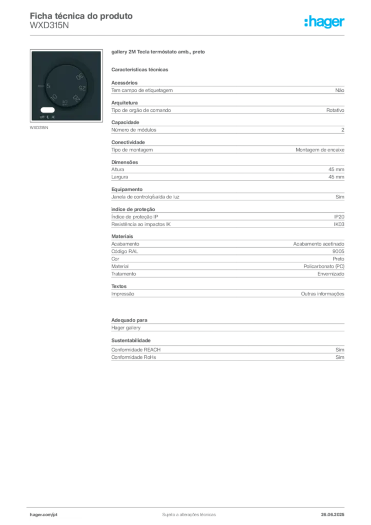 Imagem Hager Ficha técnica do produto WXD315N | Hager Portugal