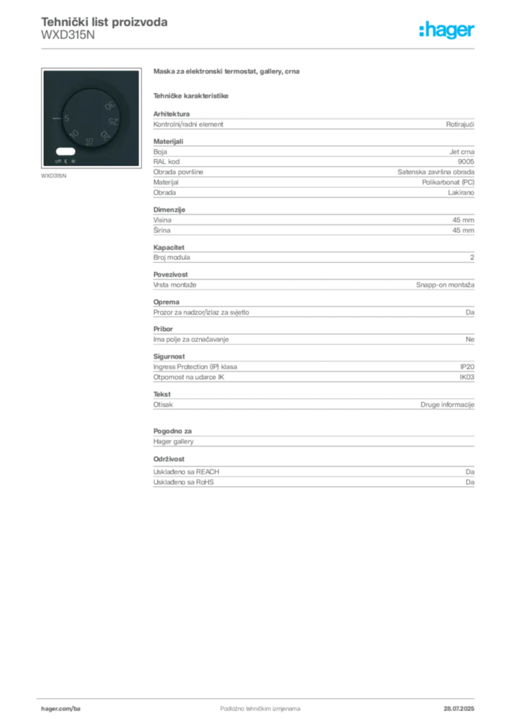 Slika Hager Product data sheet WXD315N  | Hager