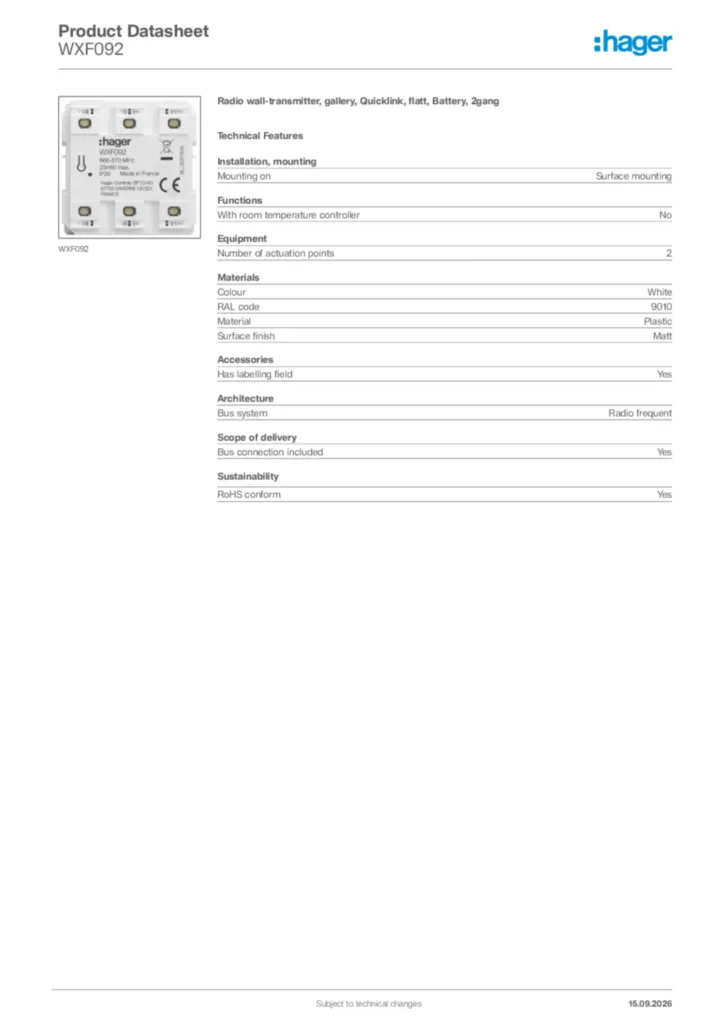 Image Hager Product data sheet WXF092  | Hager Africa