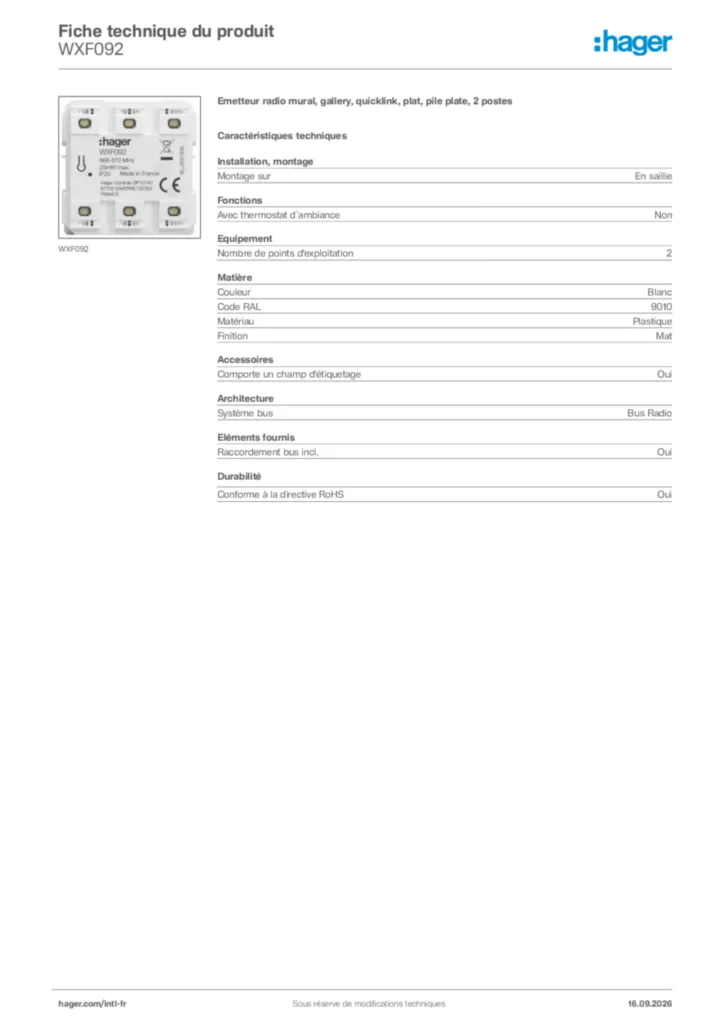 Image Hager Fiche technique du produit WXF092 | Hager Afrique