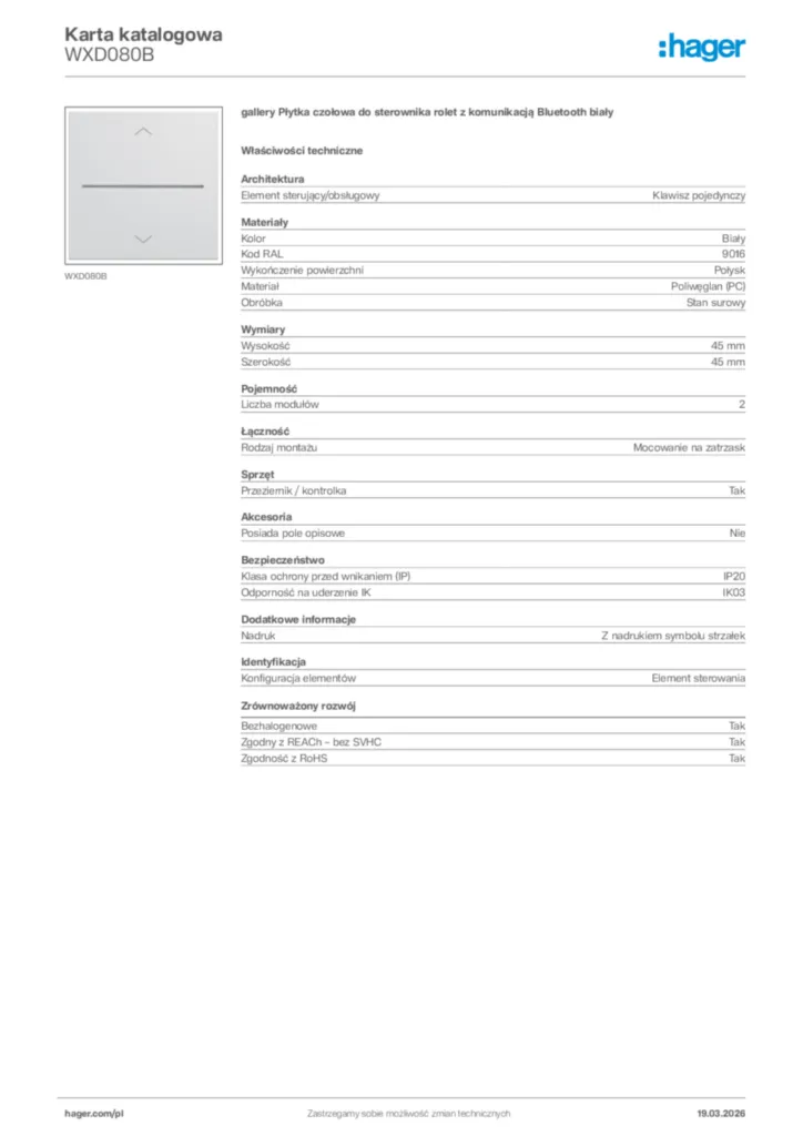Zdjęcie Hager Karta katalogowa WXD080B | Hager Polska