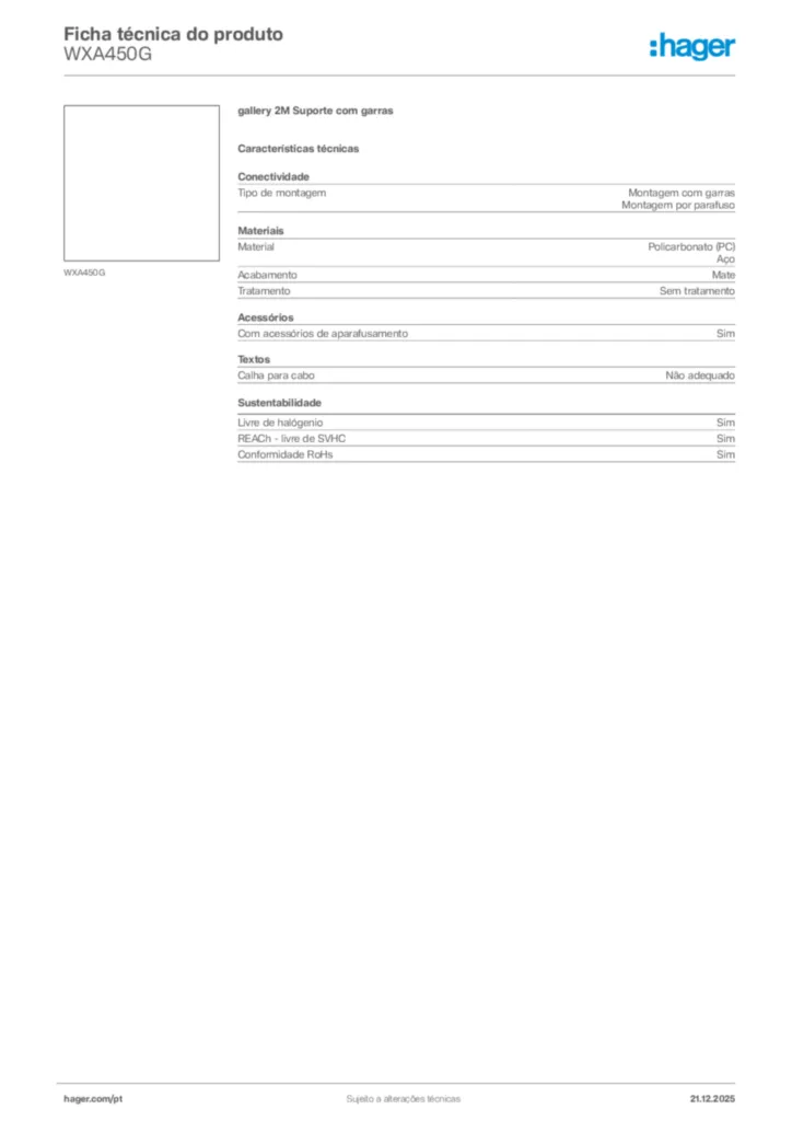 Imagem Hager Ficha técnica do produto WXA450G | Hager Portugal