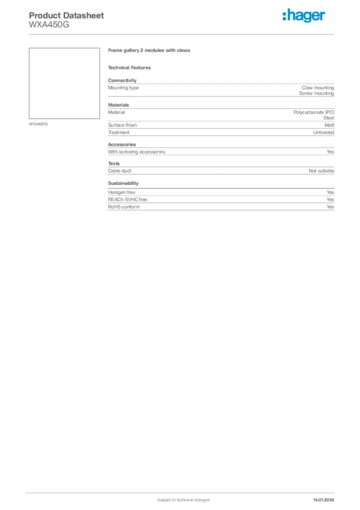 Image Hager Product data sheet WXA450G  | Hager