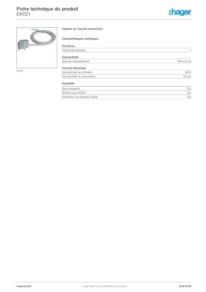 Image Hager Fiche technique du produit EK021 | Hager France