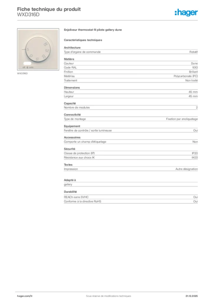 Image Hager Fiche technique du produit WXD316D | Hager France