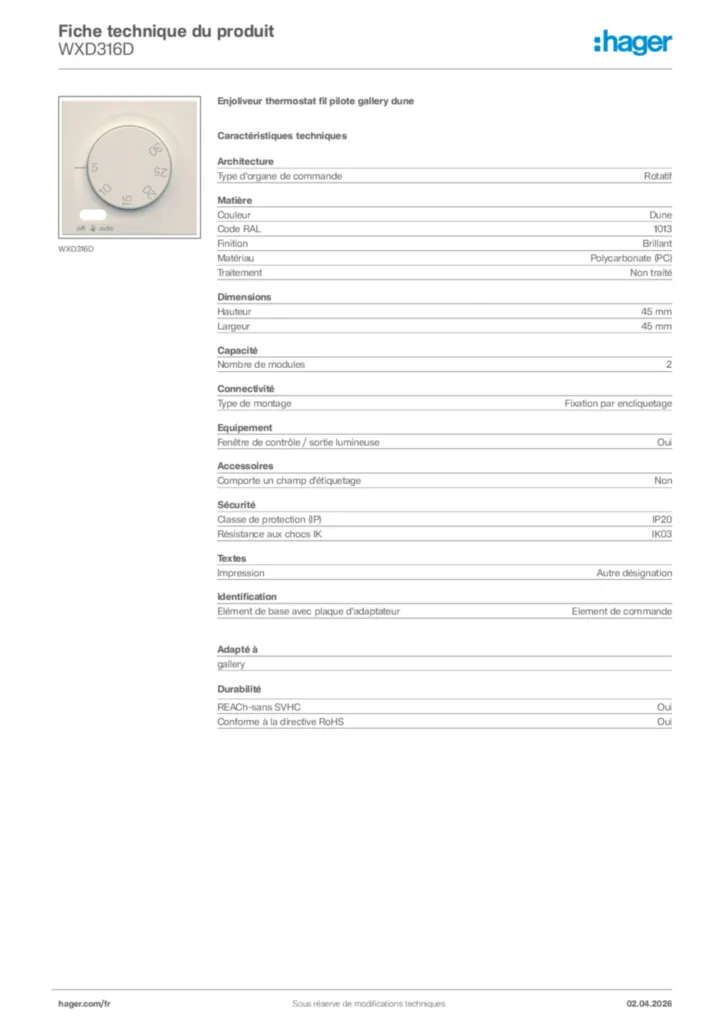 Image Hager Fiche technique du produit WXD316D | Hager France