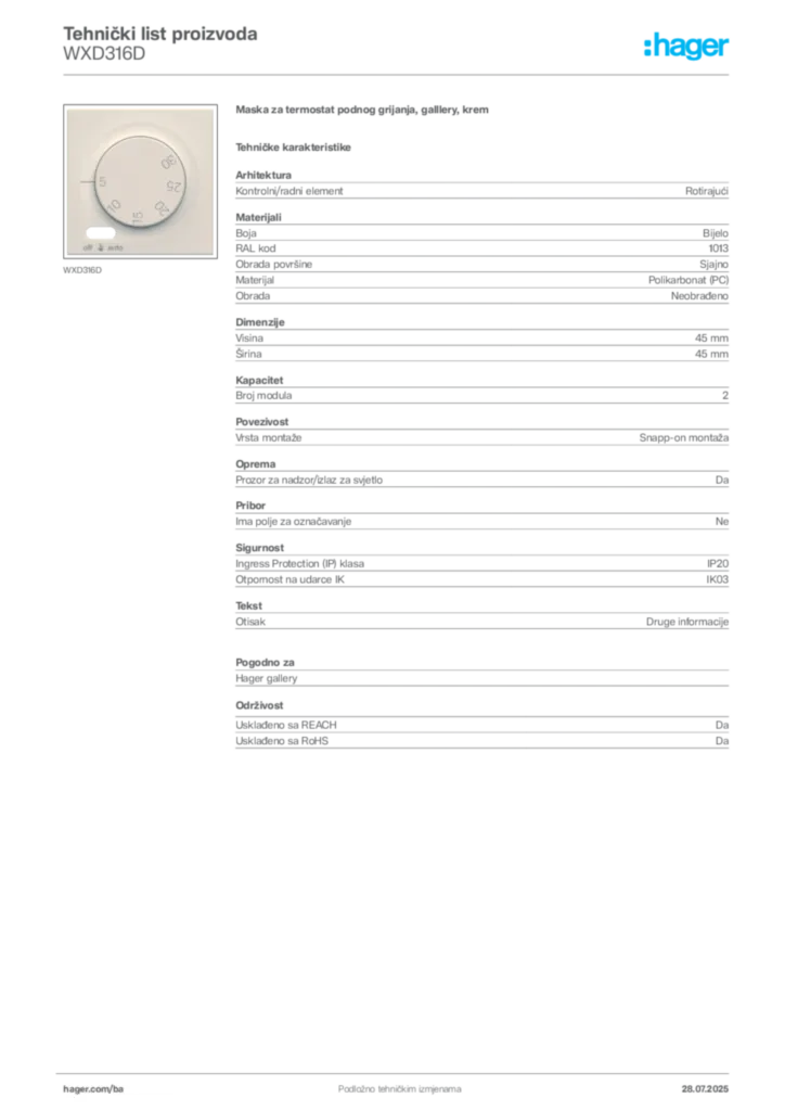 Slika Hager Product data sheet WXD316D  | Hager