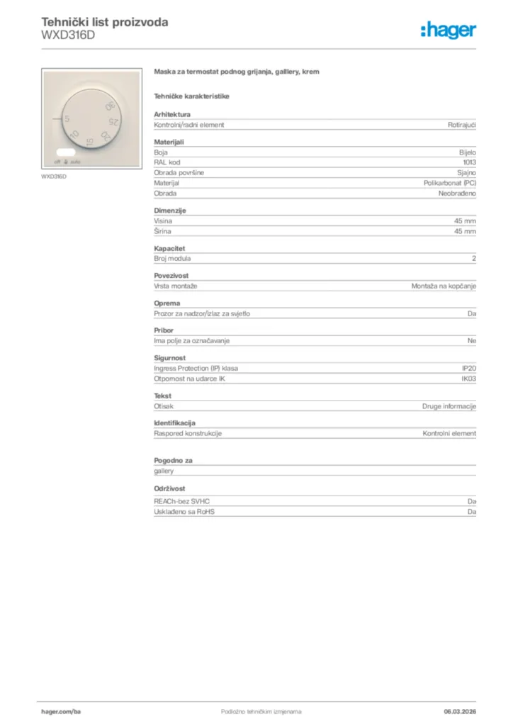 Slika Hager Tehnički list proizvoda WXD316D  | Hager