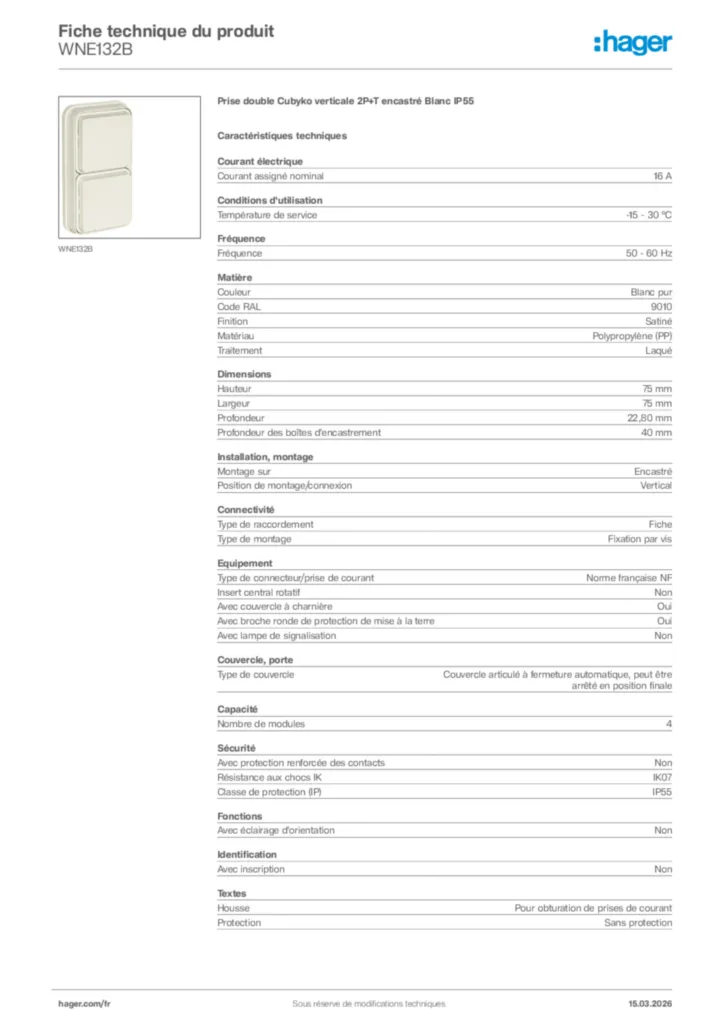 Image Hager Fiche technique du produit WNE132B | Hager France
