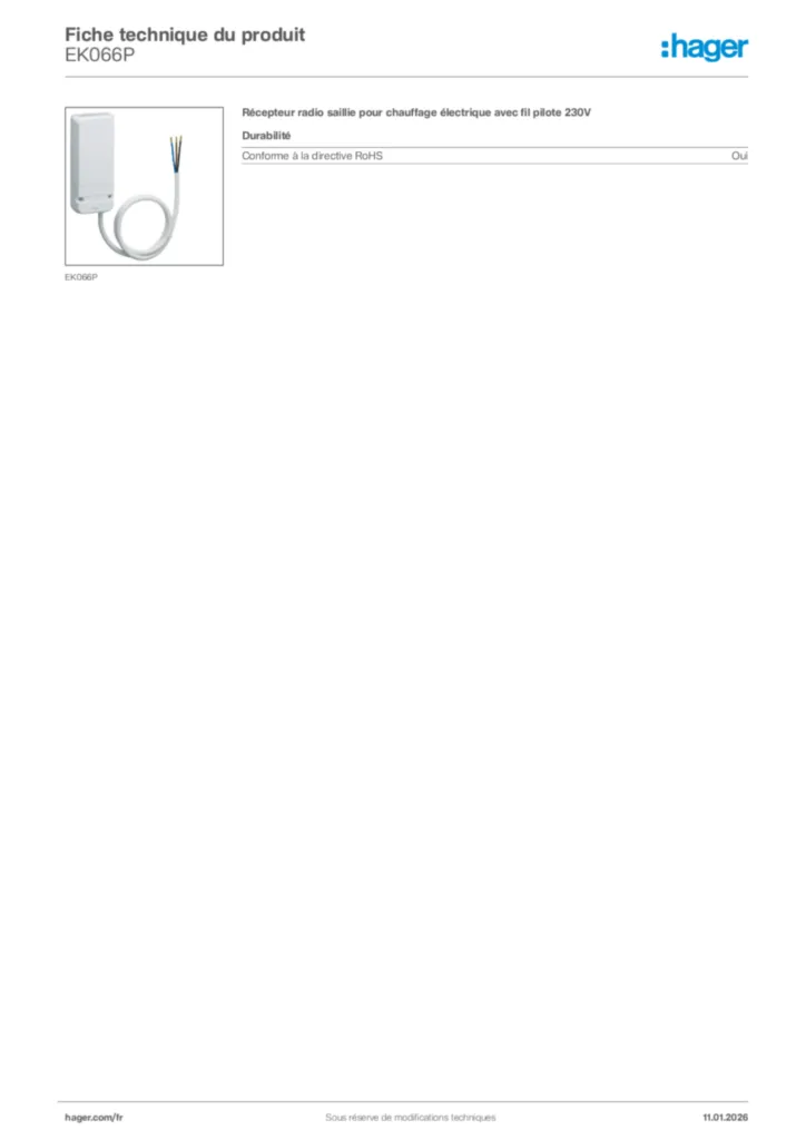 Image Hager Fiche technique du produit EK066P | Hager France