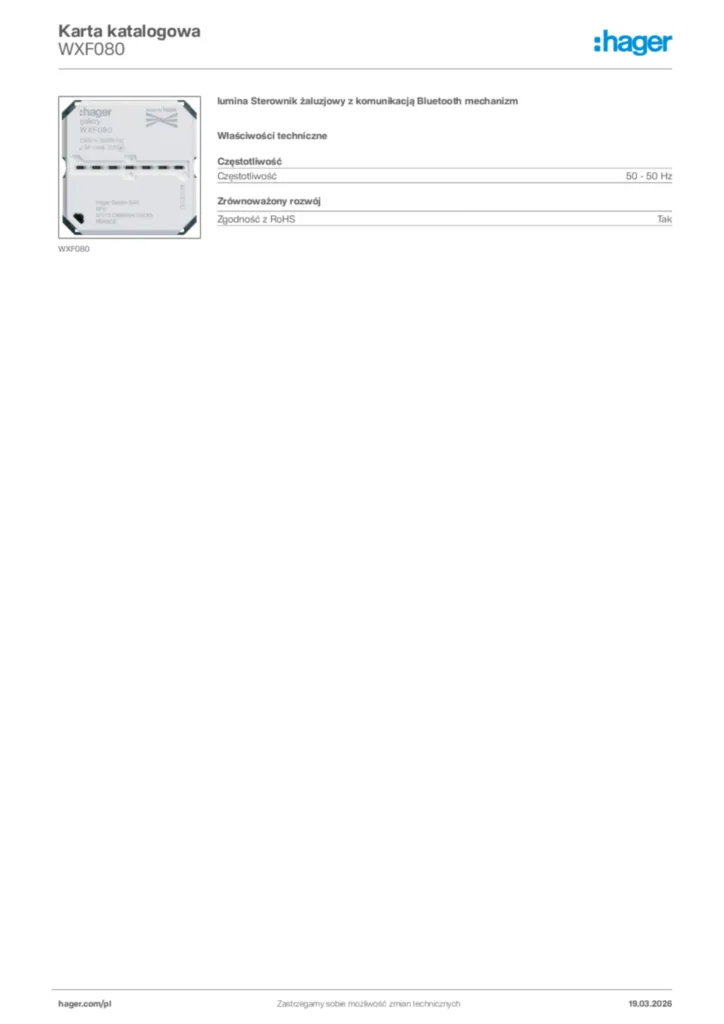 Zdjęcie Hager Karta katalogowa WXF080 | Hager Polska