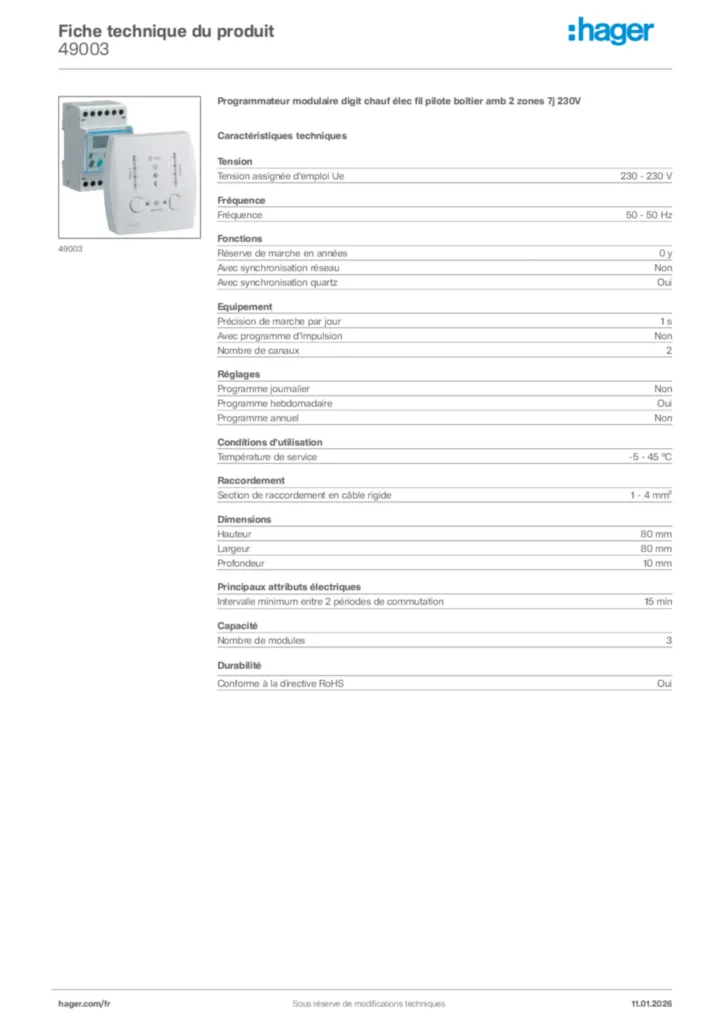 Image Hager Fiche technique du produit 49003 | Hager France