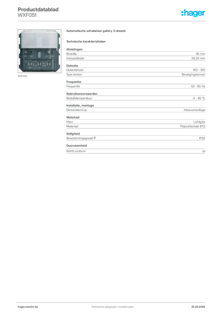 Afbeelding Hager Productdatablad WXF051 | Hager Belgium