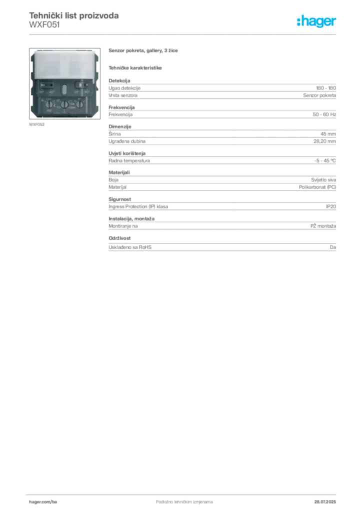 Slika Hager Product data sheet WXF051  | Hager
