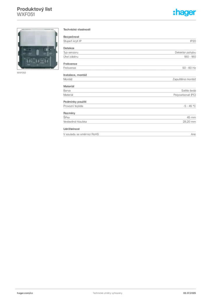 Obrázek Hager Produktový list WXF051 | Hager
