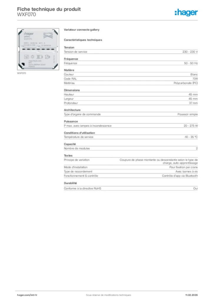 Image Hager Fiche technique du produit WXF070 | Hager Afrique