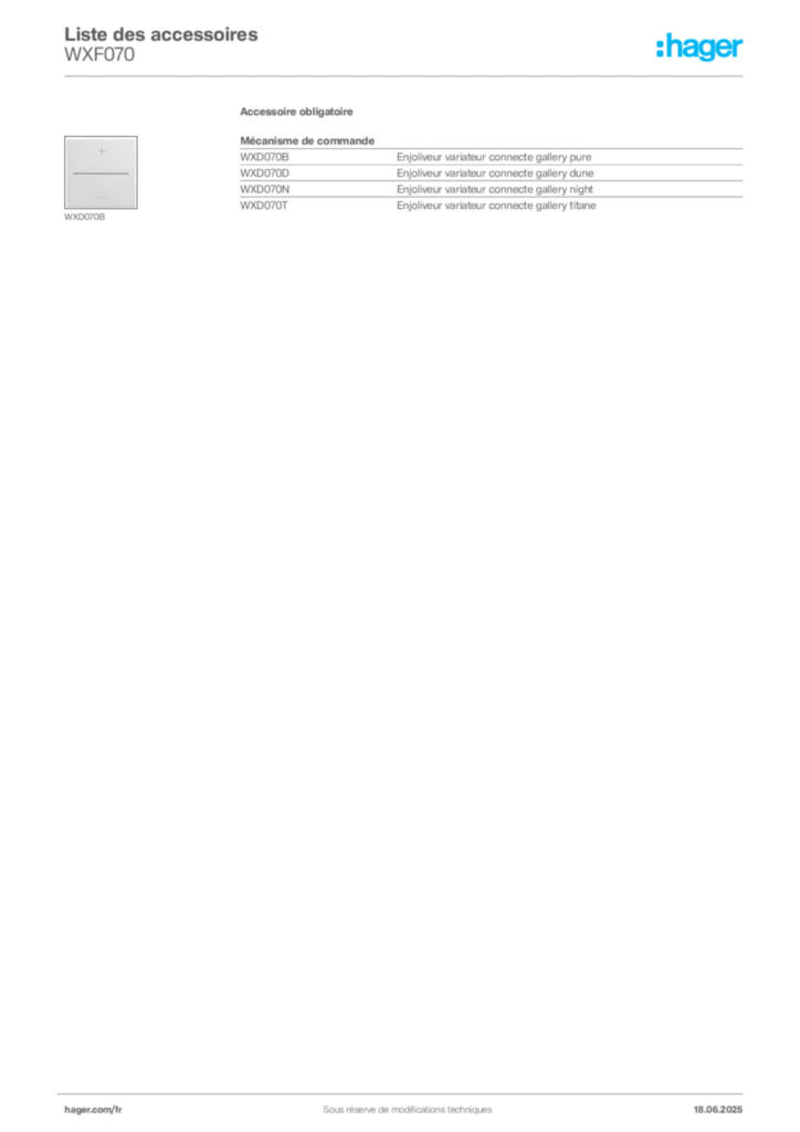 Image Hager Fiche technique du produit WXF070 | Hager France