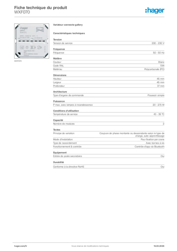 Image Hager Fiche technique du produit WXF070 | Hager France