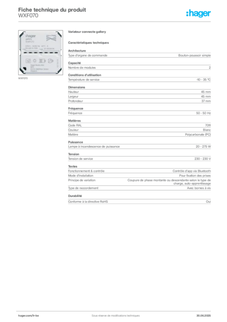 Image Hager Fiche technique du produit WXF070 | Hager Belgique