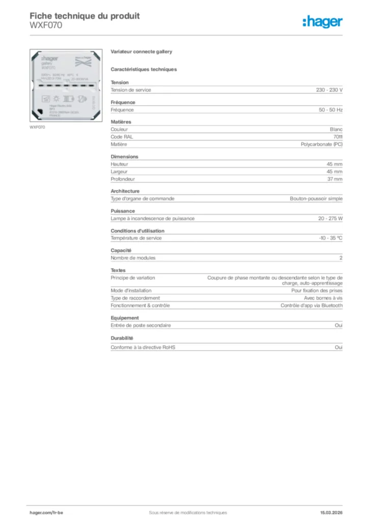 Image Hager Fiche technique du produit WXF070 | Hager Belgique