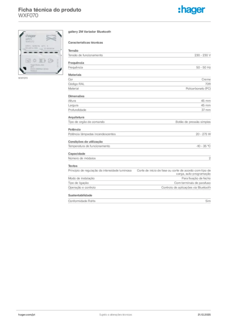 Imagem Hager Ficha técnica do produto WXF070 | Hager Portugal