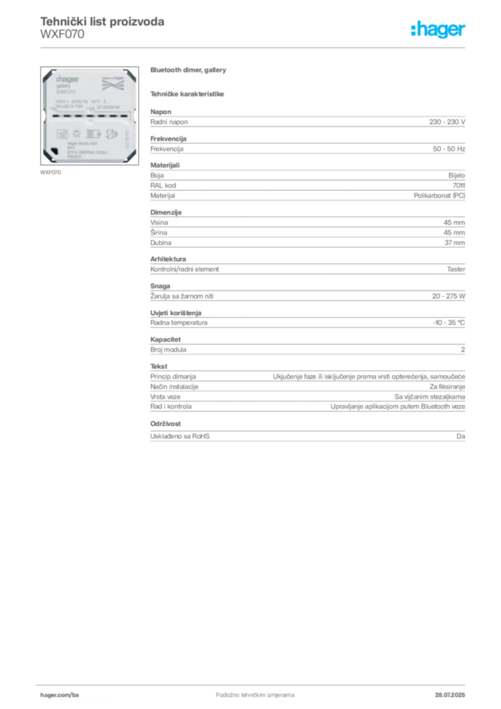 Slika Hager Product data sheet WXF070  | Hager
