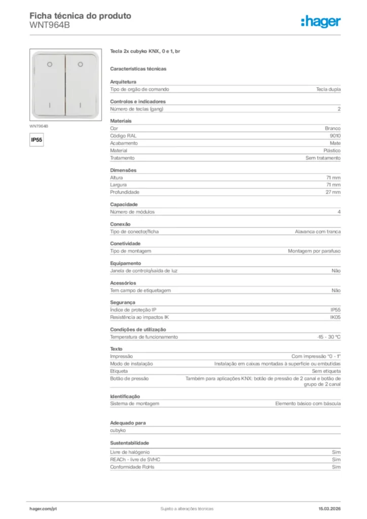 Imagem Hager Ficha técnica do produto WNT964B | Hager Portugal