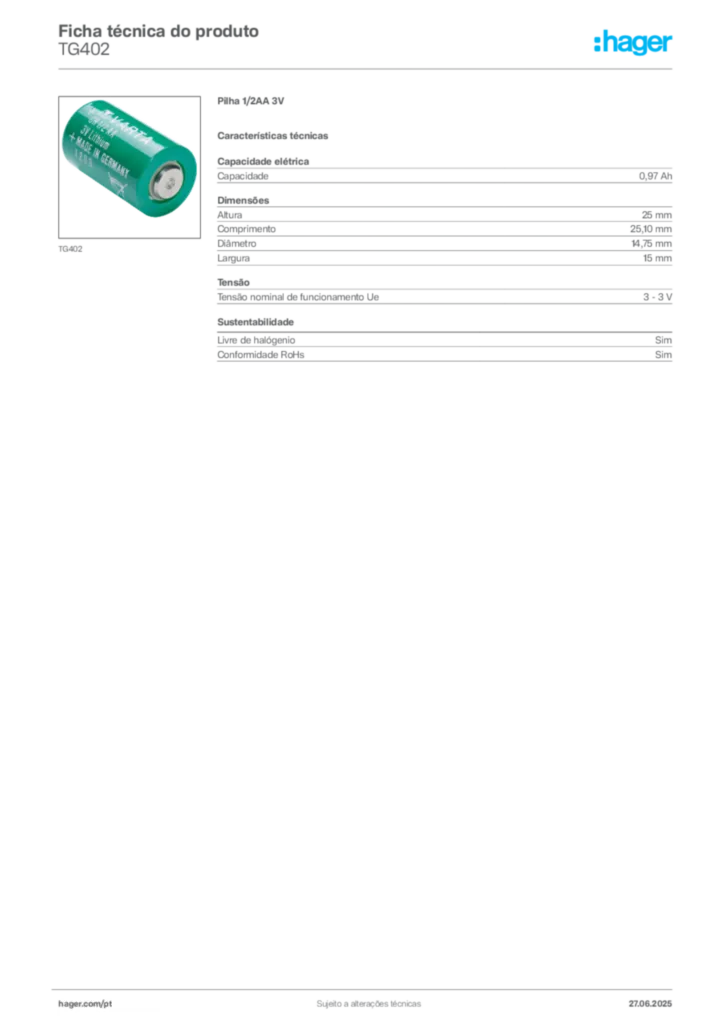 Imagem Hager Ficha técnica do produto TG402 | Hager Portugal
