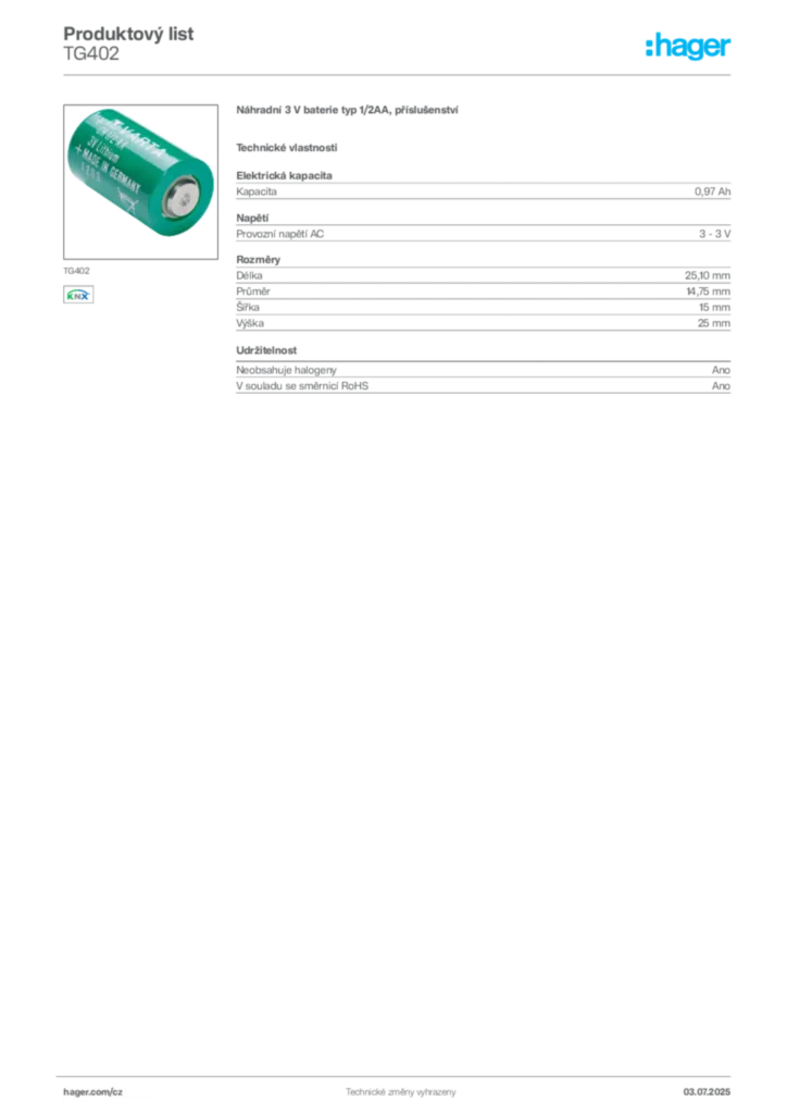 Obrázek Hager Produktový list TG402 | Hager