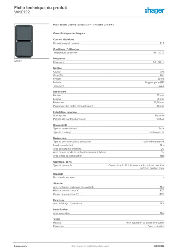 Image Hager Fiche technique du produit WNE132 | Hager France