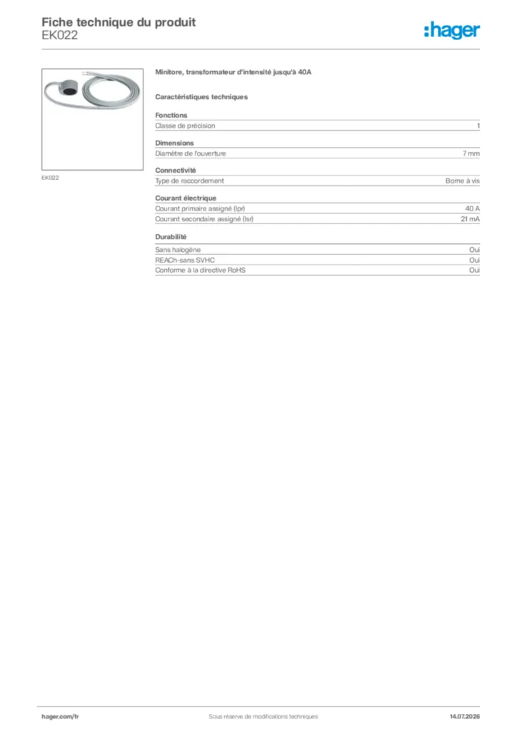 Image Hager Fiche technique du produit EK022 | Hager France