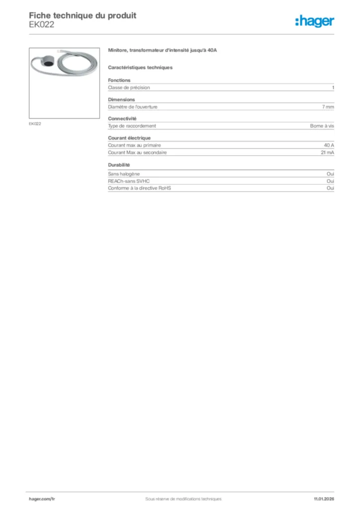 Image Hager Fiche technique du produit EK022 | Hager France