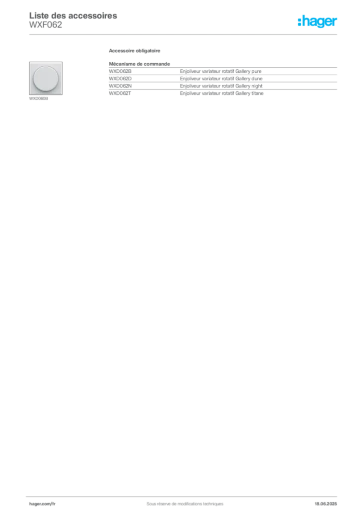 Image Hager Fiche technique du produit WXF062 | Hager France