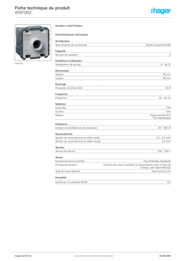 Image Hager Fiche technique du produit WXF062 | Hager Belgique