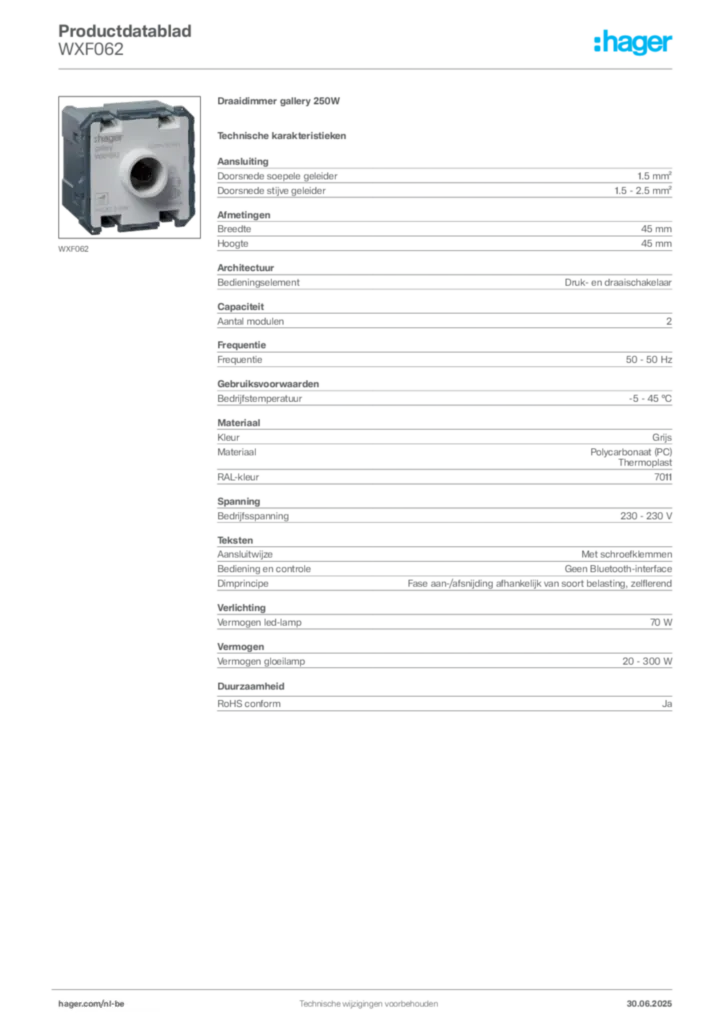 Afbeelding Hager Productdatablad WXF062 | Hager Belgium