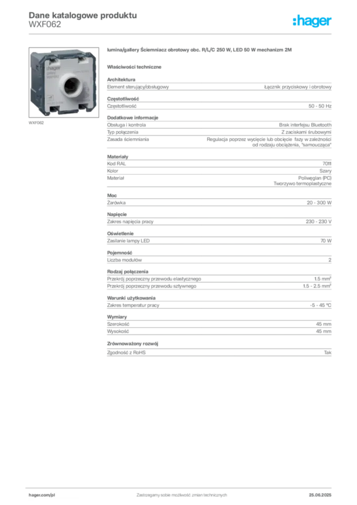 Zdjęcie Hager Dane katalogowe produktu WXF062 | Hager Polska