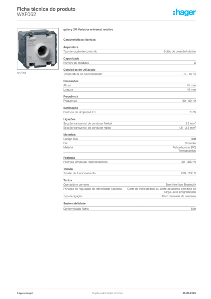 Imagem Hager Ficha técnica do produto WXF062 | Hager Portugal